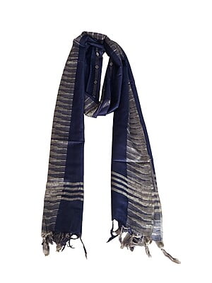 NavyBlue Striped Cotton Silk Dupatta with Temple Border