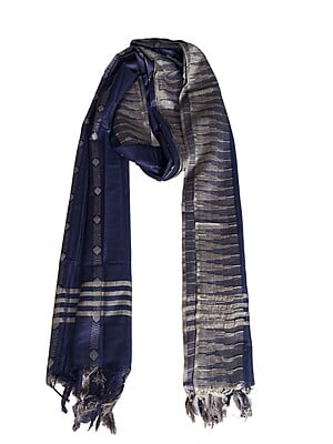 NavyBlue Striped Cotton Silk Dupatta with Temple Border