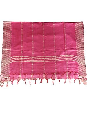 Pink Striped Cotton Silk Dupatta with Temple Border