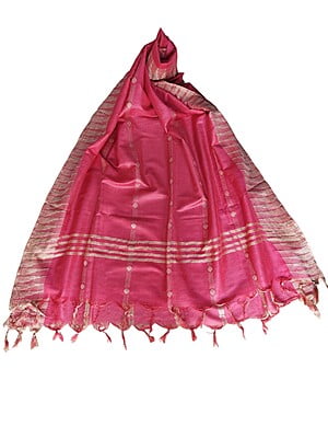 Pink Striped Cotton Silk Dupatta with Temple Border