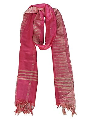 Pink Striped Cotton Silk Dupatta with Temple Border