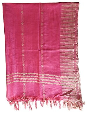 Pink Striped Cotton Silk Dupatta with Temple Border