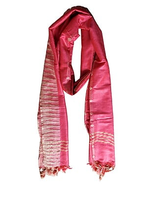 Pink Striped Cotton Silk Dupatta with Temple Border