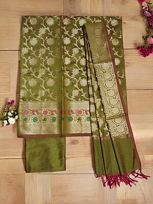 Red - 3pc Zari Jaal & Buti Silk Banarasi Unstitched Dress Material 17