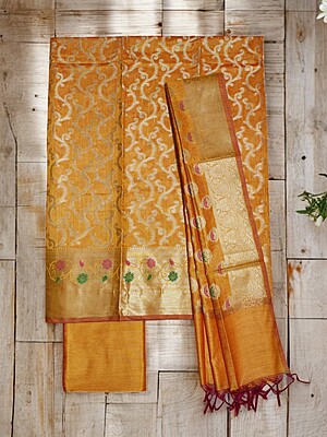 Mustard Unstitched Banarasi Cotton Silk Salwar Suit Dress Material for Women