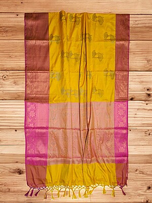 Yellow Banarasi Silk Saree with Unstitched Blouse