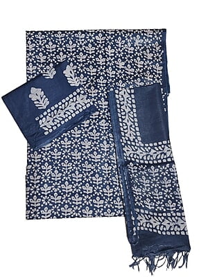 Indigo Unstitched Batik Print Katan Silk Salwar Suit Dress Material with Dupatta Indigo Unstitched Batik Print Katan Silk Salwar Suit Dress Material with Dupatta