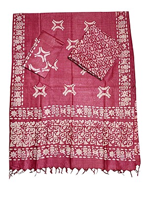 Maroon Unstitched Batik Print Cotton Salwar Suit Dress Material with Dupatta
