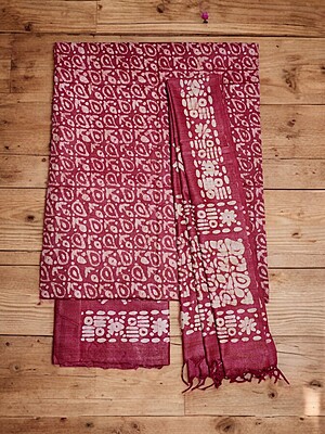 Maroon Unstitched Batik Print Cotton Salwar Suit Dress Material with Dupatta