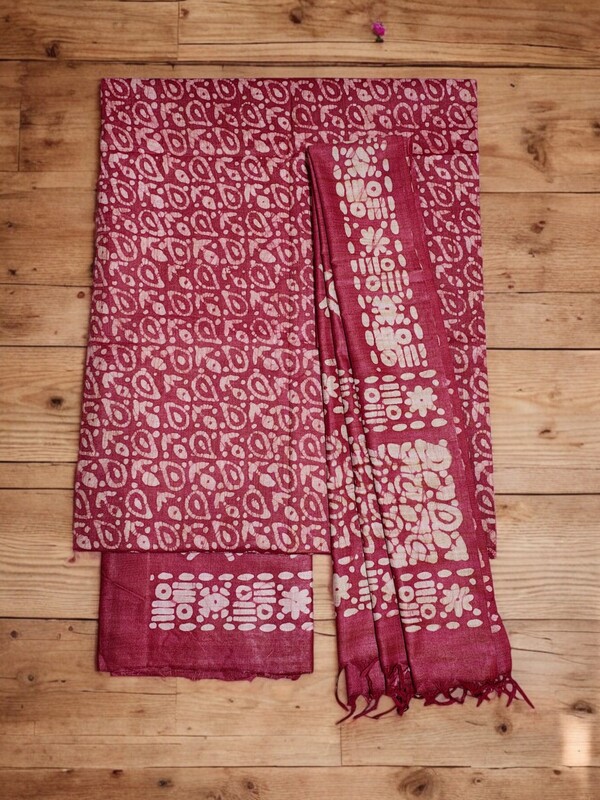 Maroon Unstitched Batik Print Cotton Salwar Suit Dress Material with Dupatta