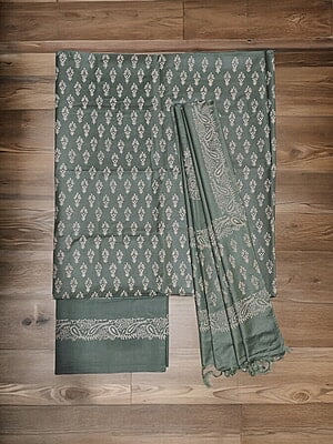 Olive Green Unstitched Batik Print Silk Salwar Suit Dress Material with Dupatta