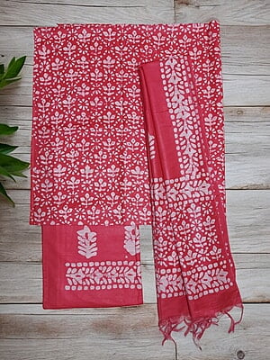 Pink Unstitched Batik Print Katan Silk Salwar Suit Dress Material with Dupatta