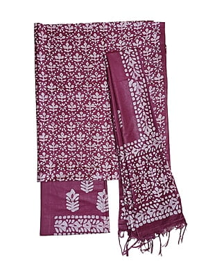Wine Unstitched Batik Print Katan Silk Salwar Suit Dress Material with Dupatta Wine Unstitched Batik Print Katan Silk Salwar Suit Dress Material with Dupatta