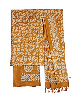 Mustard Unstitched Batik Print Cotton Salwar Suit Dress Material with Dupatta
