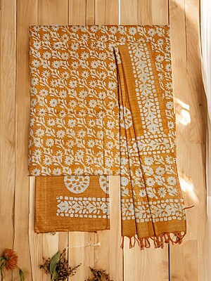 Mustard Unstitched Batik Print Cotton Salwar Suit Dress Material with Dupatta