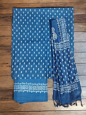 Indigo Block Print Unstitched Silk Salwar Suit Dress Material with Dupatta