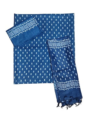 Indigo Block Print Unstitched Silk Salwar Suit Dress Material with Dupatta Indigo Block Print Unstitched Silk Salwar Suit Dress Material with Dupatta