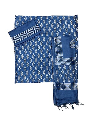 Block Print Indigo Unstitched Katan Silk Salwar Suit Dress Material with Dupatta Block Print Indigo Unstitched Katan Silk Salwar Suit Dress Material with Dupatta