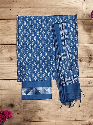 Block Print Indigo Unstitched Katan Silk Salwar Suit Dress Material with Dupatta
