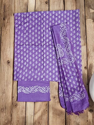 Lavender Unstitched Block Print Silk Salwar Suit Dress Material with Dupatta