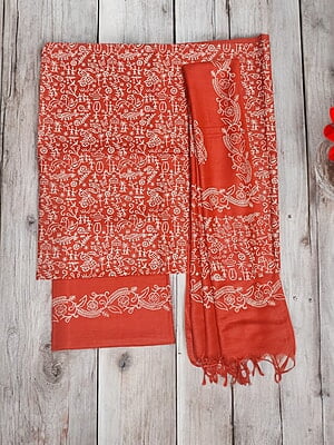 Red Unstitched Block Print Silk Salwar Suit Dress Material with Dupatta