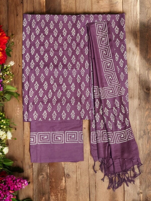 Wine Unstitched Batik Print Silk Salwar Suit Dress Material with Dupatta