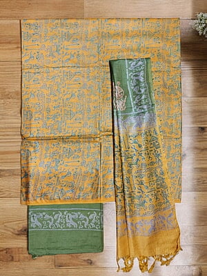 Yellow & Green Unstitched Batik Print Silk Salwar Suit Dress Material with Dupatta