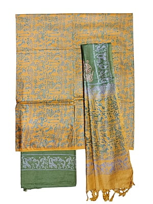 Yellow & Green Unstitched Batik Print Silk Salwar Suit Dress Material with Dupatta