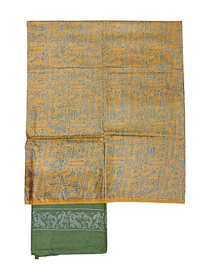 Yellow & Green Unstitched Batik Print Silk Salwar Suit Dress Material with Dupatta