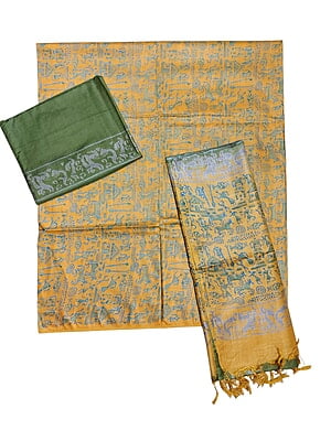 Yellow & Green Unstitched Batik Print Silk Salwar Suit Dress Material with Dupatta