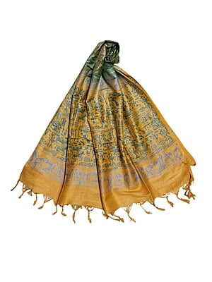 Yellow & Green Unstitched Batik Print Silk Salwar Suit Dress Material with Dupatta