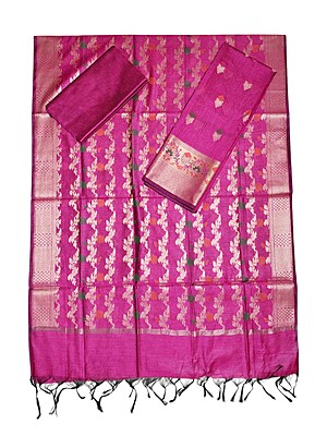 Dark Pink Banarasi Silk Unstitched Suit Set for Women