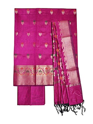 Dark Pink Banarasi Silk Unstitched Suit Set for Women