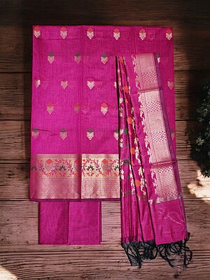 Dark Pink Banarasi Silk Unstitched Suit Set for Women