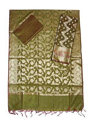 Unstitched Green Banarasi Cotton Silk Salwar Suit Set with Dupatta for Women