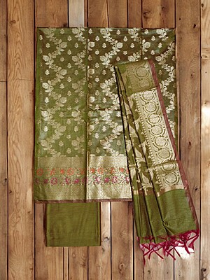 Unstitched Green Banarasi Cotton Silk Salwar Suit Set with Dupatta for Women