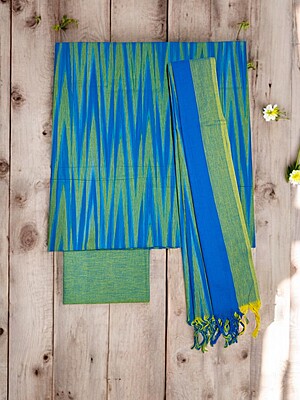 Blue & Green Ikkat Unstitched Handloom Cotton Salwar kameez dress material with dupatta for Women