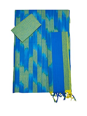 Blue & Green Pochampally Ikkat Unstitched Salwar kameez dress material with dupatta for Women