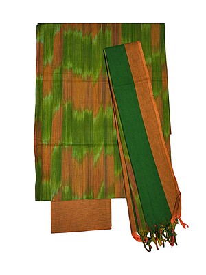 Green & Orange Unstitched Pochampally Ikkat Salwar Suit Set with Dupatta for Women Green & Orange Unstitched Pochampally Ikkat Salwar Suit Set with Dupatta for Women
