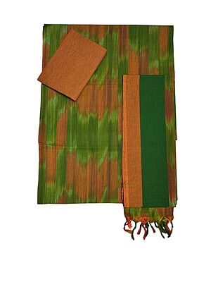 Green & Orange Unstitched Pochampally Ikkat Salwar Suit Set with Dupatta for Women Green & Orange Unstitched Pochampally Ikkat Salwar Suit Set with Dupatta for Women