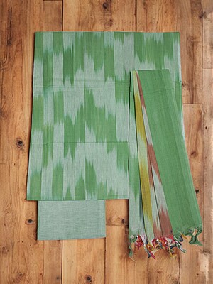 Mint Green Pochampally Ikkat Cotton Unstitched Salwar Suit Dress Material with Dupatta