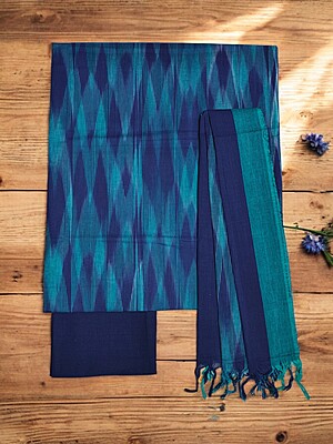 Light Blue Ikkat Cotton Unstitched Salwar Suit Dress Material with Dupatta