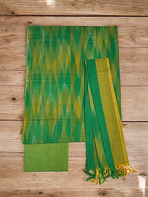 Olive Green Pochampally Ikkat Cotton Unstitched Salwar Suit Dress Material with Dupatta