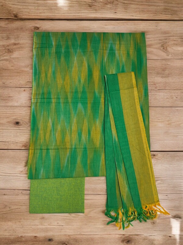Olive Green Pochampally Ikkat Cotton Unstitched Salwar Suit Dress Material with Dupatta