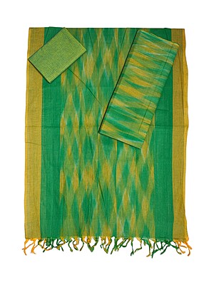 Olive Green Pochampally Ikkat Cotton Unstitched Salwar Suit Dress Material with Dupatta