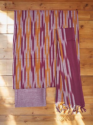 Maroon & Orange Pochampally Ikkat Cotton Unstitched Salwar Suit Set with Dupatta
