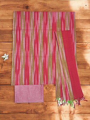Red & Olive Green Ikkat Cotton Unstitched Salwar Suit Dress Material with Dupatta