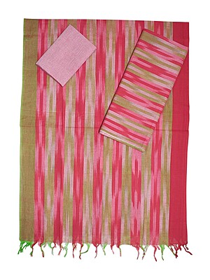 Red & Olive Green Ikkat Cotton Unstitched Salwar Suit Dress Material with Dupatta