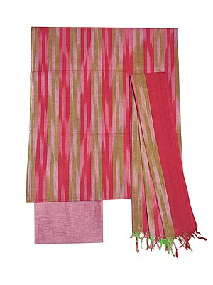 Red & Olive Green Ikkat Cotton Unstitched Salwar Suit Dress Material with Dupatta