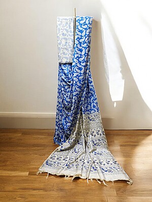 Blue Kalamkari Cotton Silk Saree with Unstitched Blouse